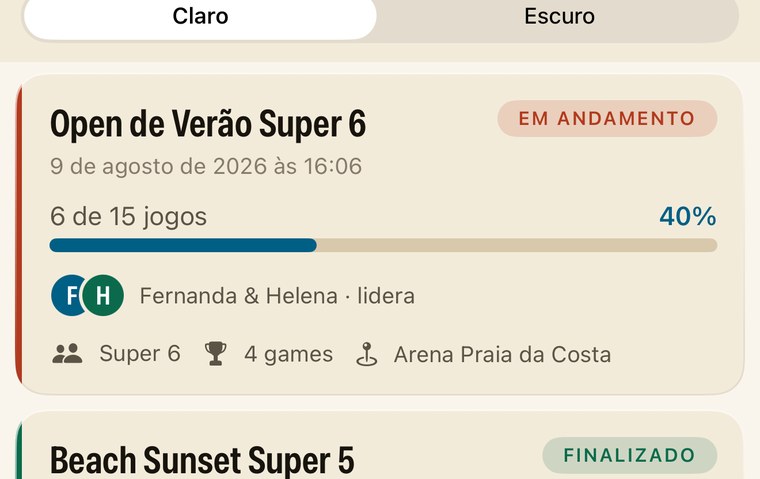 Dois torneios na tela inicial, com progresso e quem lidera