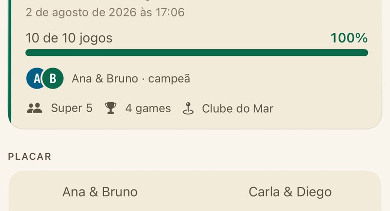 Tela de placar com validação do resultado